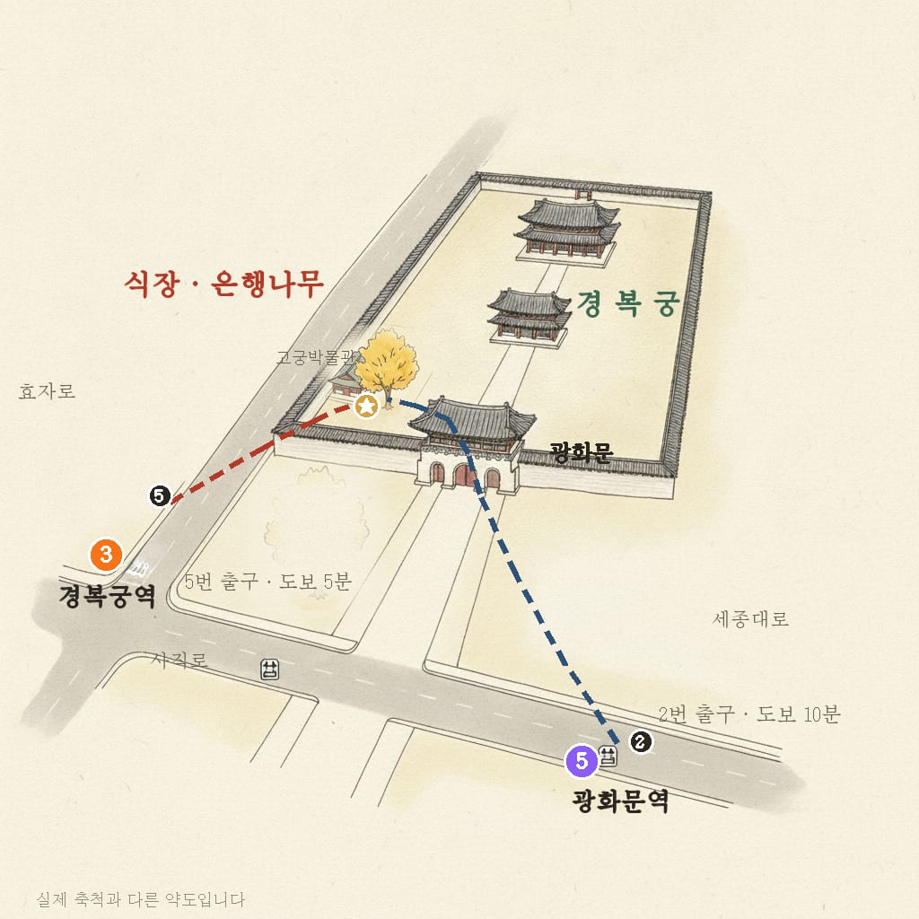 약도: 경복궁역 5번 출구 도보 5분, 광화문역 도보 10분, 식장은 고궁박물관 은행나무 앞